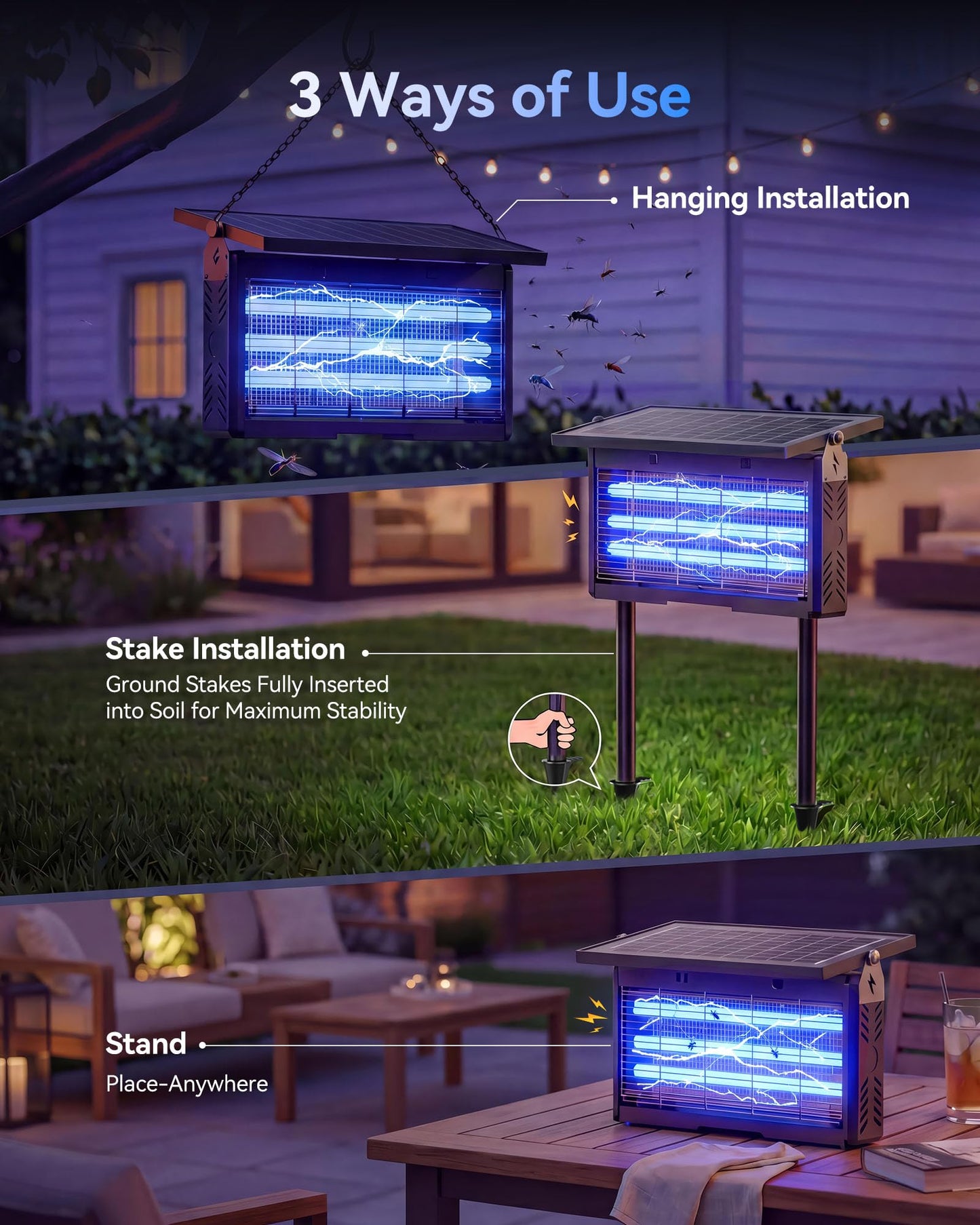 𝟐𝟎𝟐𝟔 𝐔𝐩𝐠𝐫𝐚𝐝𝐞𝐝 3 Tubes Solar Bug Zapper Outdoor, Mosquito Zapper Waterproof Electric Fly Zapper Rechargeable Mosquito Killer, Cordless Fly Insect Trap for Yard, Patio, Home, Garden, Camping