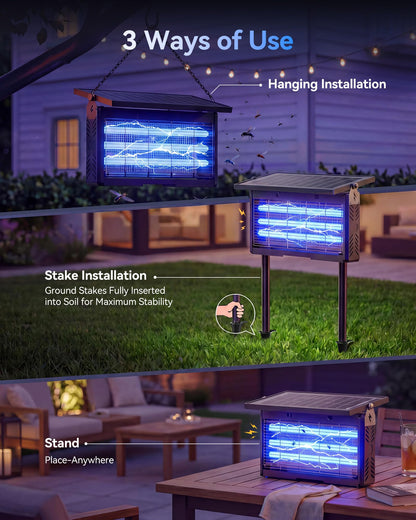 𝟐𝟎𝟐𝟔 𝐔𝐩𝐠𝐫𝐚𝐝𝐞𝐝 3 Tubes Solar Bug Zapper Outdoor, Mosquito Zapper Waterproof Electric Fly Zapper Rechargeable Mosquito Killer, Cordless Fly Insect Trap for Yard, Patio, Home, Garden, Camping