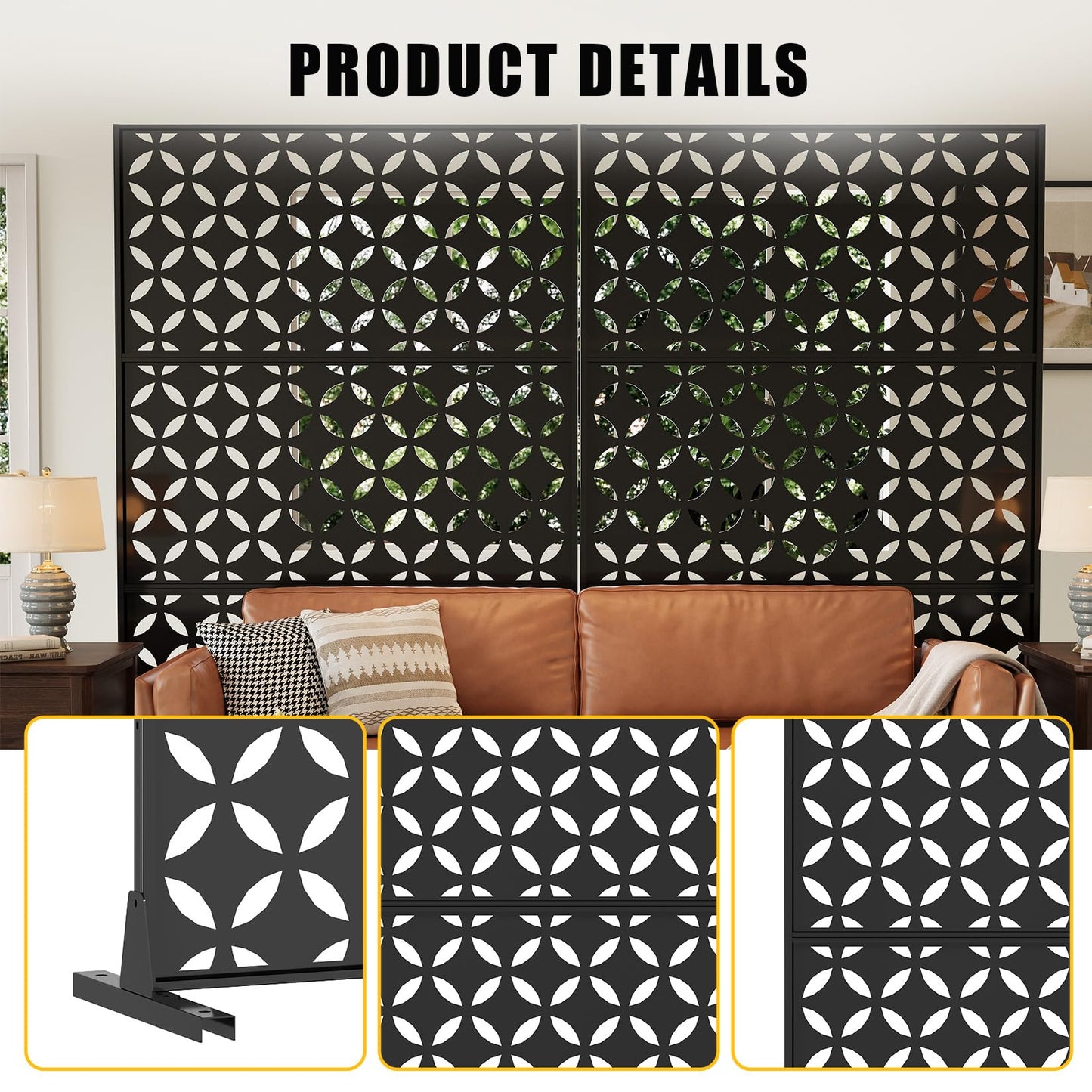 72" h × 47" w Outdoor Privacy Screen, Laser Cut Metal Garden Divider Panel with Tropical Leaf Design, Freestanding Weatherproof Privacy Fence for Patio Deck Backyard Balcony