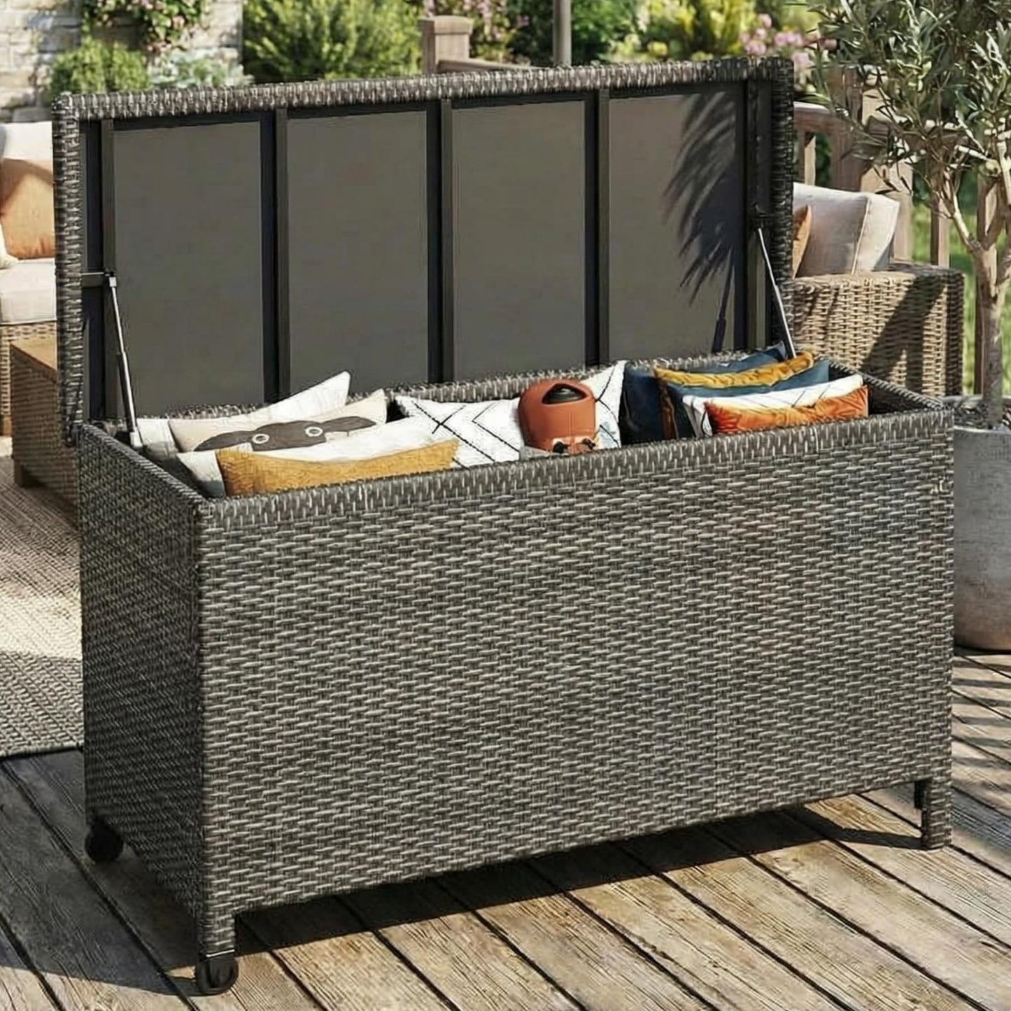 IDEALHOUSE 125 Gallon Outdoor Storage Deck Box with Wheels, Waterproof PE Rattan Garden Storage Chest for Patio, Balcony, Poolside, and Backyard, Portable Storage Container with Handles, Gary
