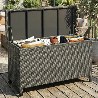 IDEALHOUSE 125 Gallon Outdoor Storage Deck Box with Wheels, Waterproof PE Rattan Garden Storage Chest for Patio, Balcony, Poolside, and Backyard, Portable Storage Container with Handles, Gary