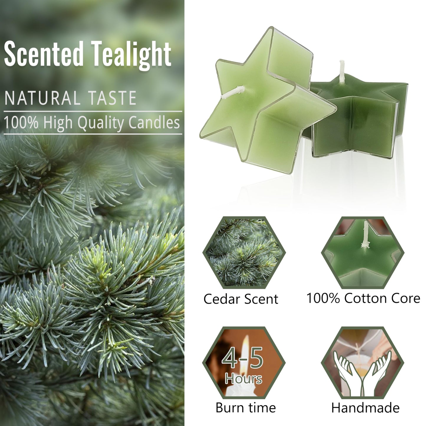 Tea Lights Gradation Green Star Tea Candles Set of 12 – Tealight Candles with Cedar Scent, Long Burning Handmade Tealights for Wedding Meditation Home Decor Gift