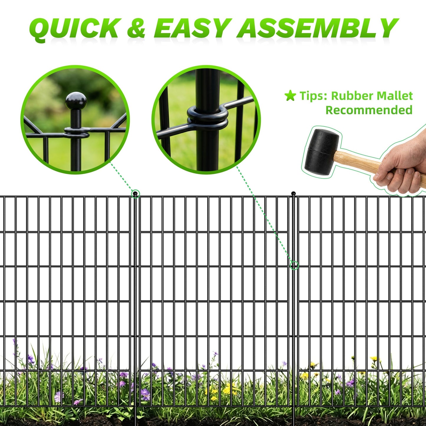 Toolterritary 10 Panels No Dig Garden Fence with Gate, 48in(H) x 25ft(L) Rustproof Metal Animal Barrier Fence, Outdoor Decorative Yard Fencing with Ground Stakes for Dogs, Rabbits, Patio