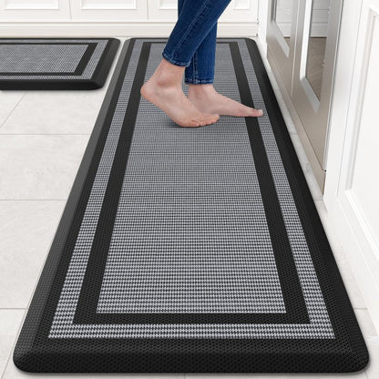 KitchenClouds [2 PCS] Kitchen Rugs Cushioned Anti-Fatigue Kitchen Mats for Floor Waterproof Kitchen Rug Set Non-Slip Comfort Standing Mat for Office, Sink, Laundry 17.3"×28"+17.3"×60",Black