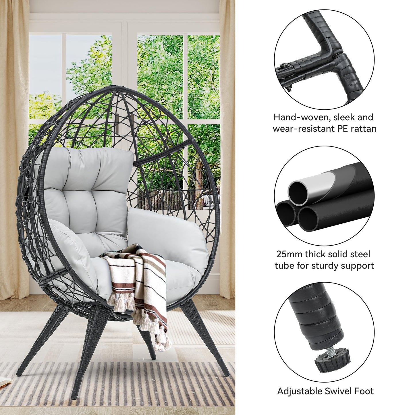 YITAHOME Large Wicker Egg Chair with Stand for Indoor and Outdoor, Cushion, and Adjustable Leveling Feet, Large Lounger for Garden, Patio, Balcony, Backyard,Supports up to 330lbs, Gray