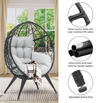 YITAHOME Large Wicker Egg Chair with Stand for Indoor and Outdoor, Cushion, and Adjustable Leveling Feet, Large Lounger for Garden, Patio, Balcony, Backyard,Supports up to 330lbs, Gray