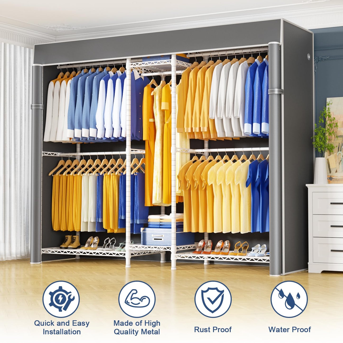 Ulif E12C Pro Heavy Duty Closet Organizer System，Freestanding Clothing Racks for Hanging Clothes，Adjustable Garment Rack 71"W x 16"D x 76.5"H Hold 960lbs，White Clothing Rack with Grey Dustproof Cover