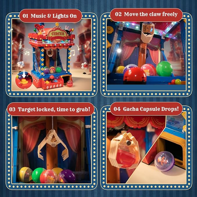 PANTASY Retro Circus Claw Machine Building Kit Arcade Style Arcade Machine Block Model with Lights &amp Music Interactive Collectible Building Set and Display Toy for Adults and Kids