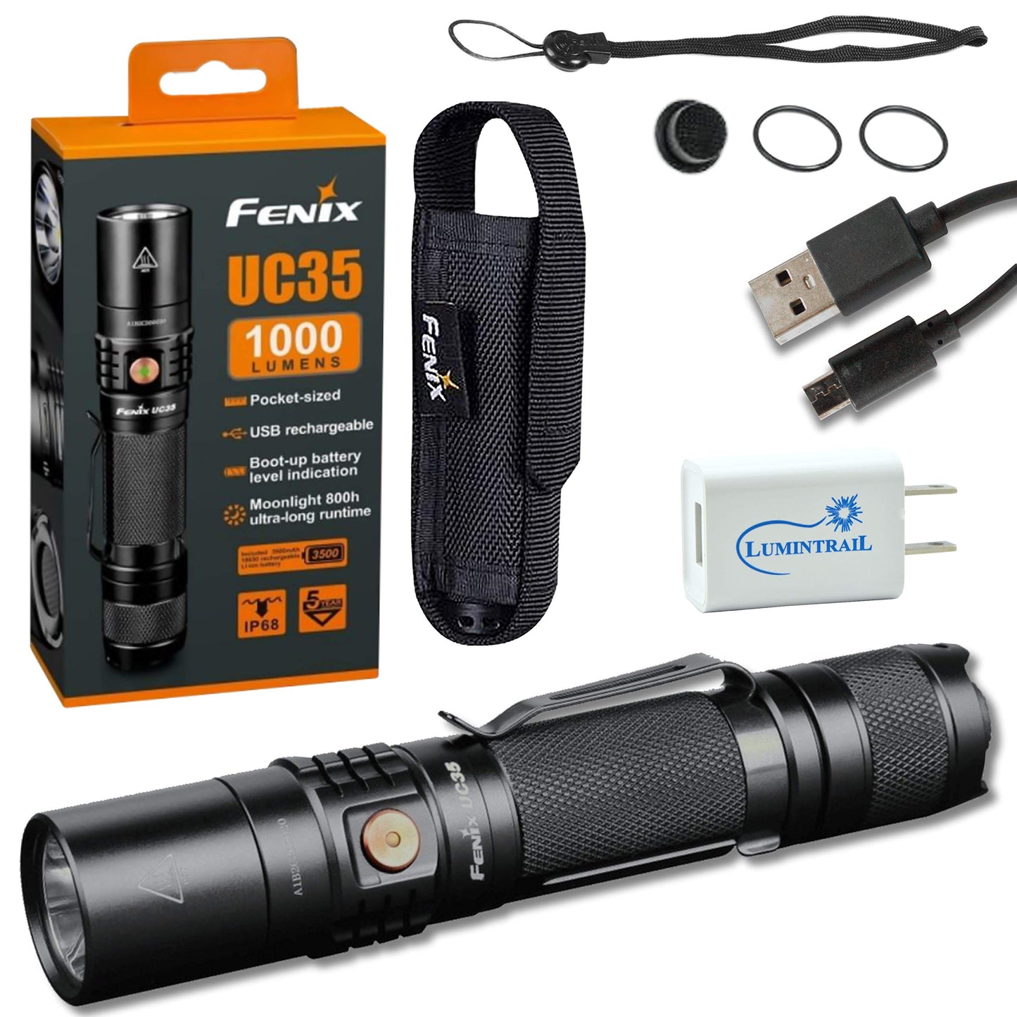 Lumintrail Fenix UC35 V2.0 Rechargeable Tactical Handheld LED Flashlight 1000 Lumens USB Wall Plug