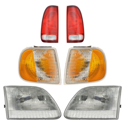 TRQ 6 Piece Headlight & Tail Light Assembly Set for 1997-2003 Ford F150, Clear, Model LKA55995