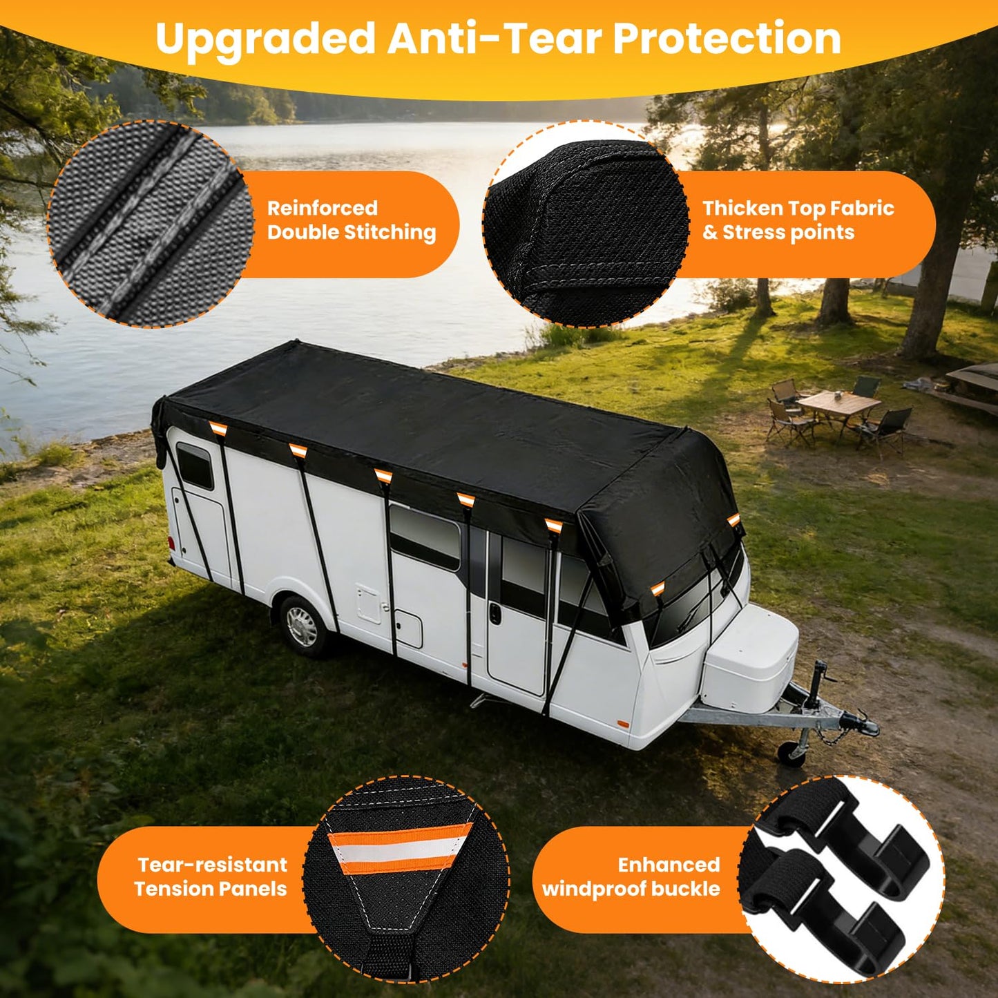 Hicover 600D Rv Roof Cover Waterproof, Camper Roof Cover Wind, Rain and Snow Proof Pop up Camper Caravan Truck Camper Cover Heavy Duty Rv Covers with Reflective Strips Fits 34ft to 36ft RVs 11.5m*3m