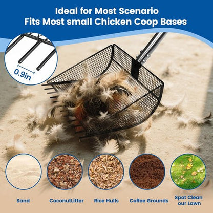 Chicken Poop Scooper - 2-in-1 Rake & Sifting Shovel with Adjustable Stainless Steel Handle (36"-62")