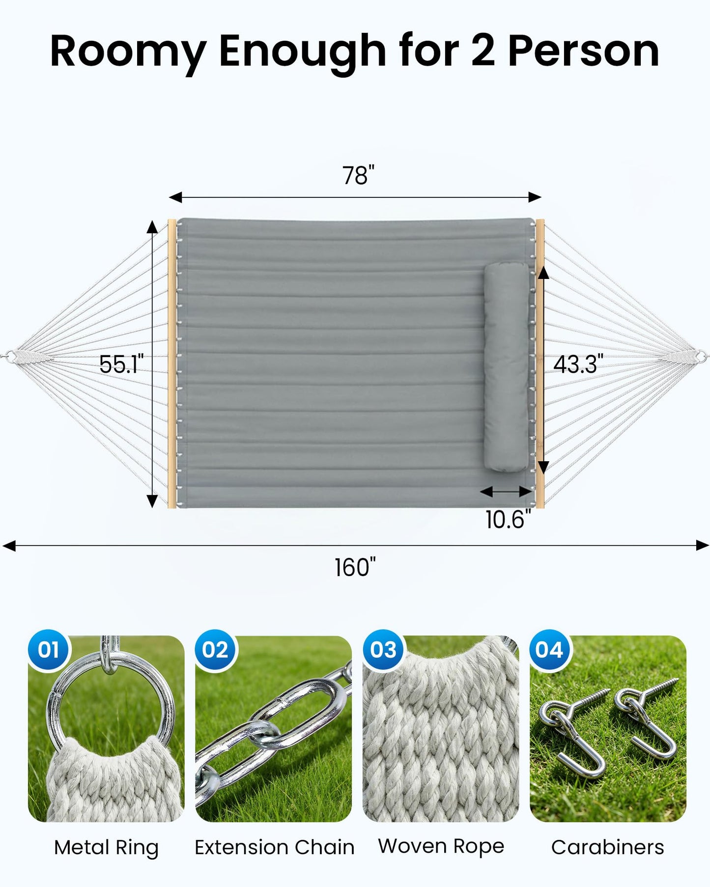 ANAGOO Double Hammock with Spreader Bar & Pillow, 2-Person Portable Hammock, 500lbs Capacity for Outdoor Camping, Patio, Backyard, Garden, Beach & Travel Relaxation – Gray