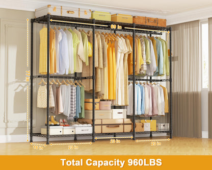 ULIFHOME E14 Pro Heavy Duty Clothes Rack，Freestanding Clothing Racks for Hanging Clothes，Adjustable Closet Organizers and Storage，Metal Garment Rack with Shelves 69"W x16"D x77"H，Max Load 960LBS，Black