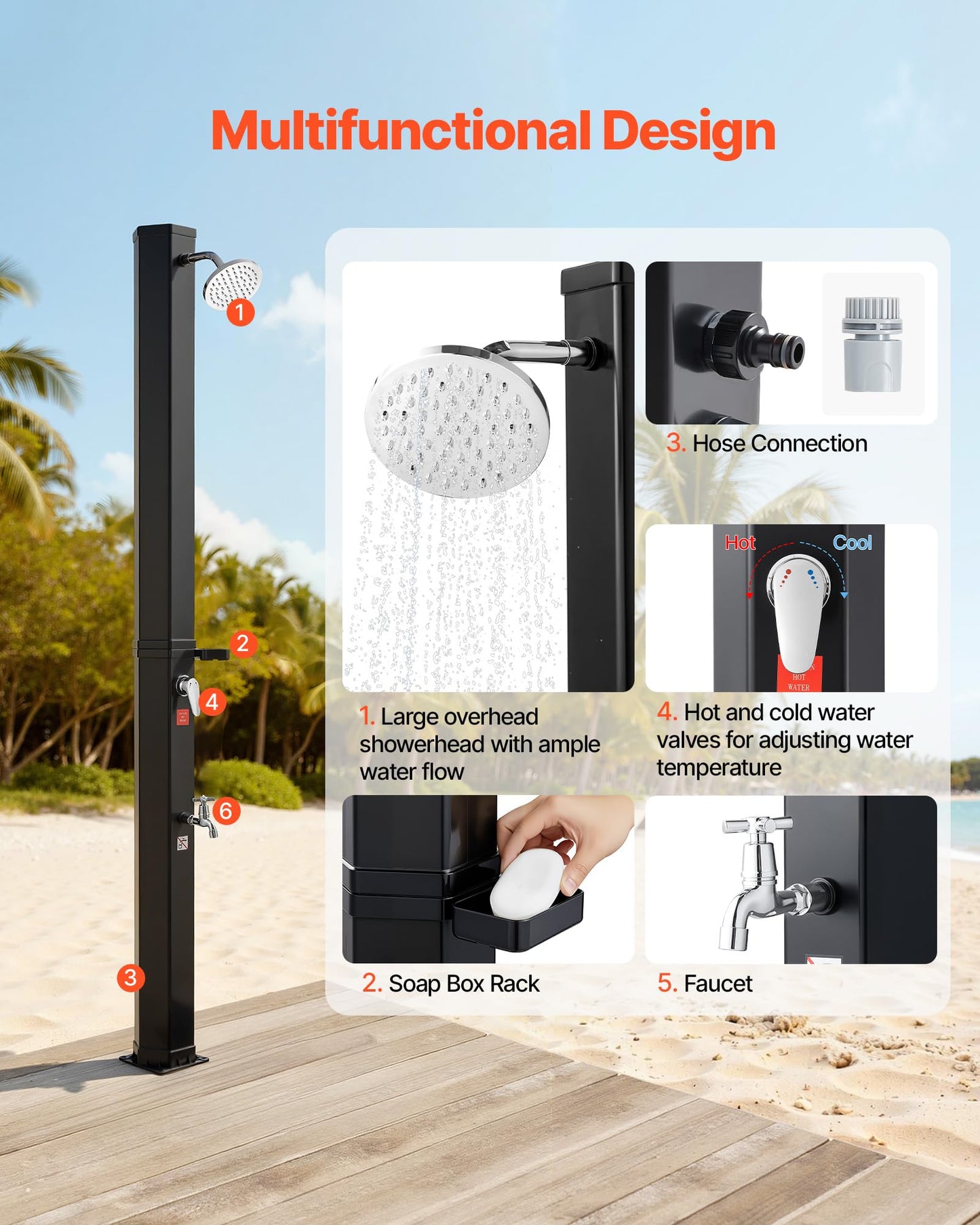 VEVOR Solar Shower, 9.2 Gal, 6.4FT Showerhead Height Outdoor Shower, Black, with Handheld & Foot Faucet, Hot & Cold Water Adjustment, Freestanding for Backyard Poolside Beach Pool