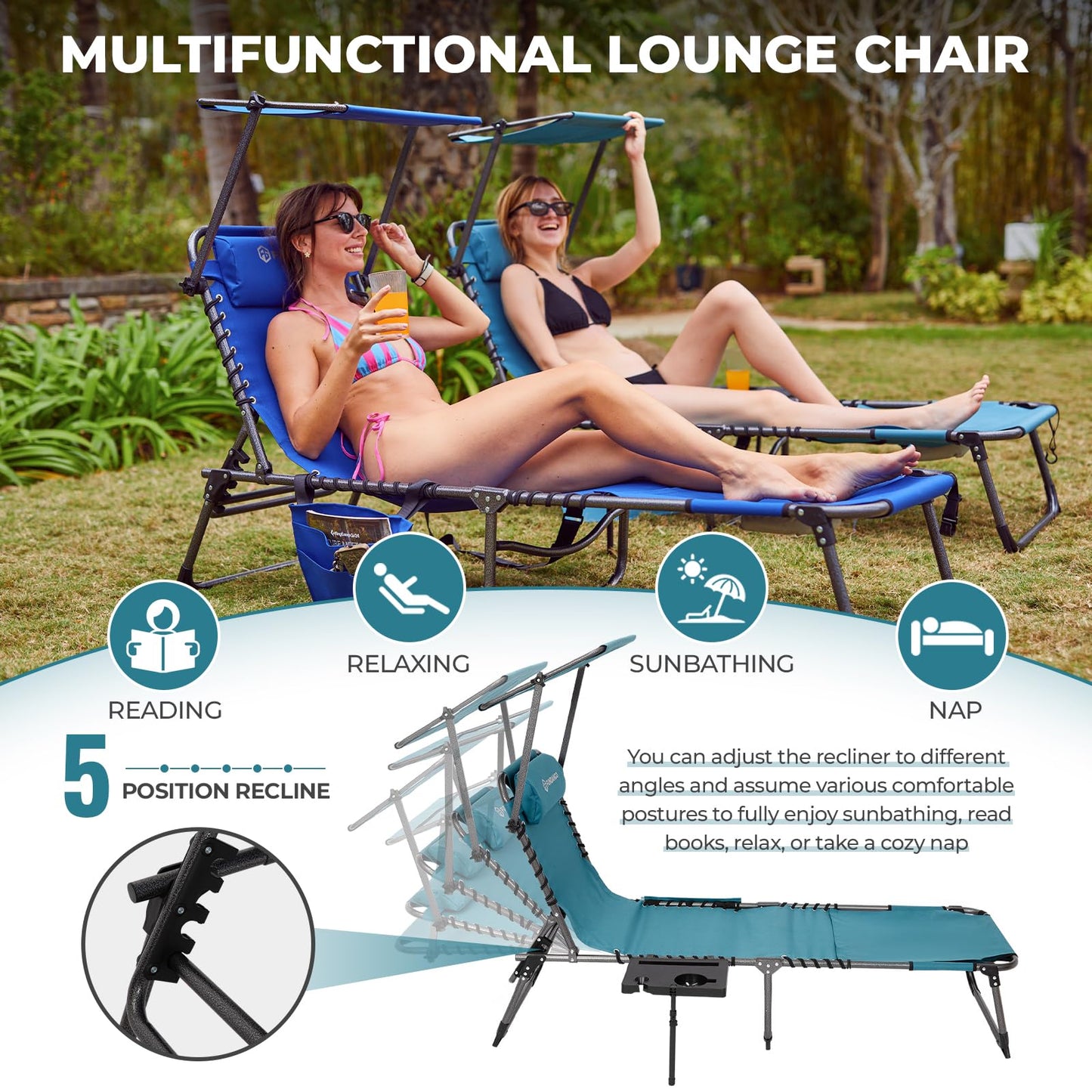 FUNDANGO 4 in 1 Tanning Chair with Face Hole, Beach Lounge Chair with Canopy Shade & Side Table Chaise Lounge Chairs for Patio, Pool, Lawn, Sunbathing, 5-Position Adjustable Sun Lounger, Cyan