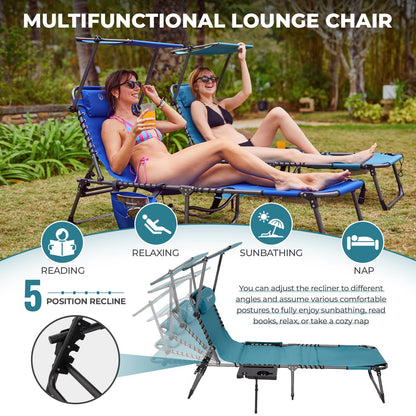 FUNDANGO 4 in 1 Tanning Chair with Face Hole, Beach Lounge Chair with Canopy Shade & Side Table Chaise Lounge Chairs for Patio, Pool, Lawn, Sunbathing, 5-Position Adjustable Sun Lounger, Cyan