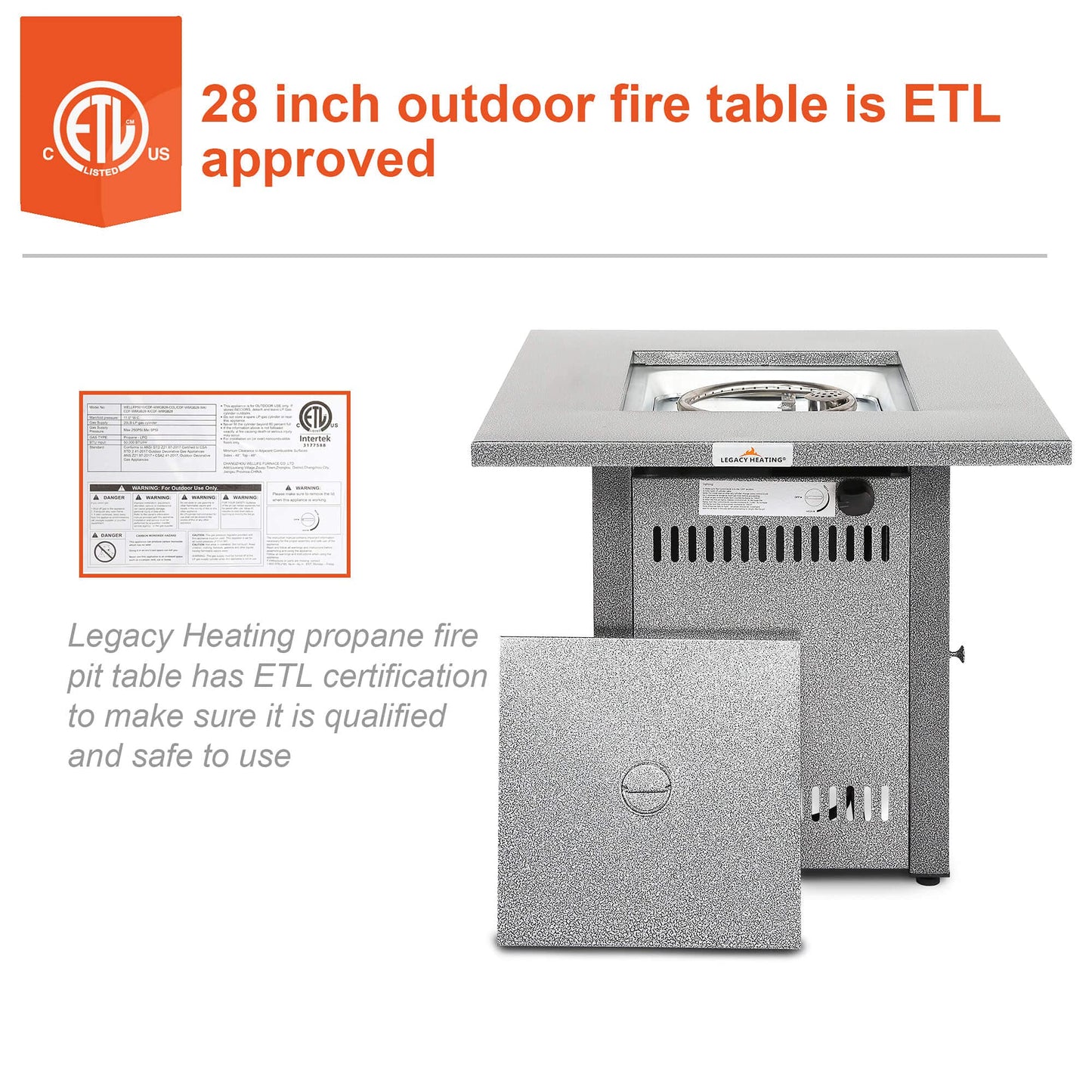 Fire Pit Table, Gas Firepit Square Steel Fire Pit Outdoor Fireplace for Patio with Pulse Ignition System, Small Fire Pit for Deck and Garden, 50000BTU, Silver Grey