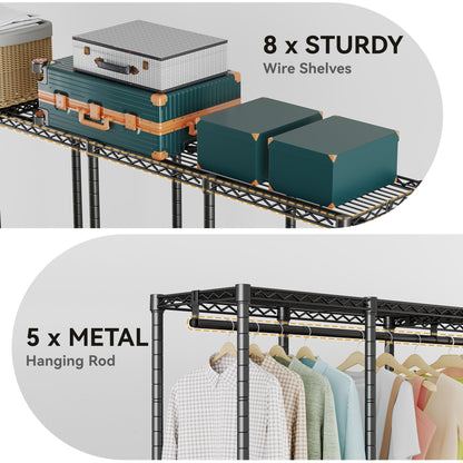 Higeego H5 Extra Large Wire Garment Rack, Heavy Duty Clothes Rack, Freestanding Clothing Rack for Hanging Clothes, Wardrobe Closet with Adjustable Shelf, 93.3" Wx15.7 Dx75.4 H, Black, Load 1400 lbs