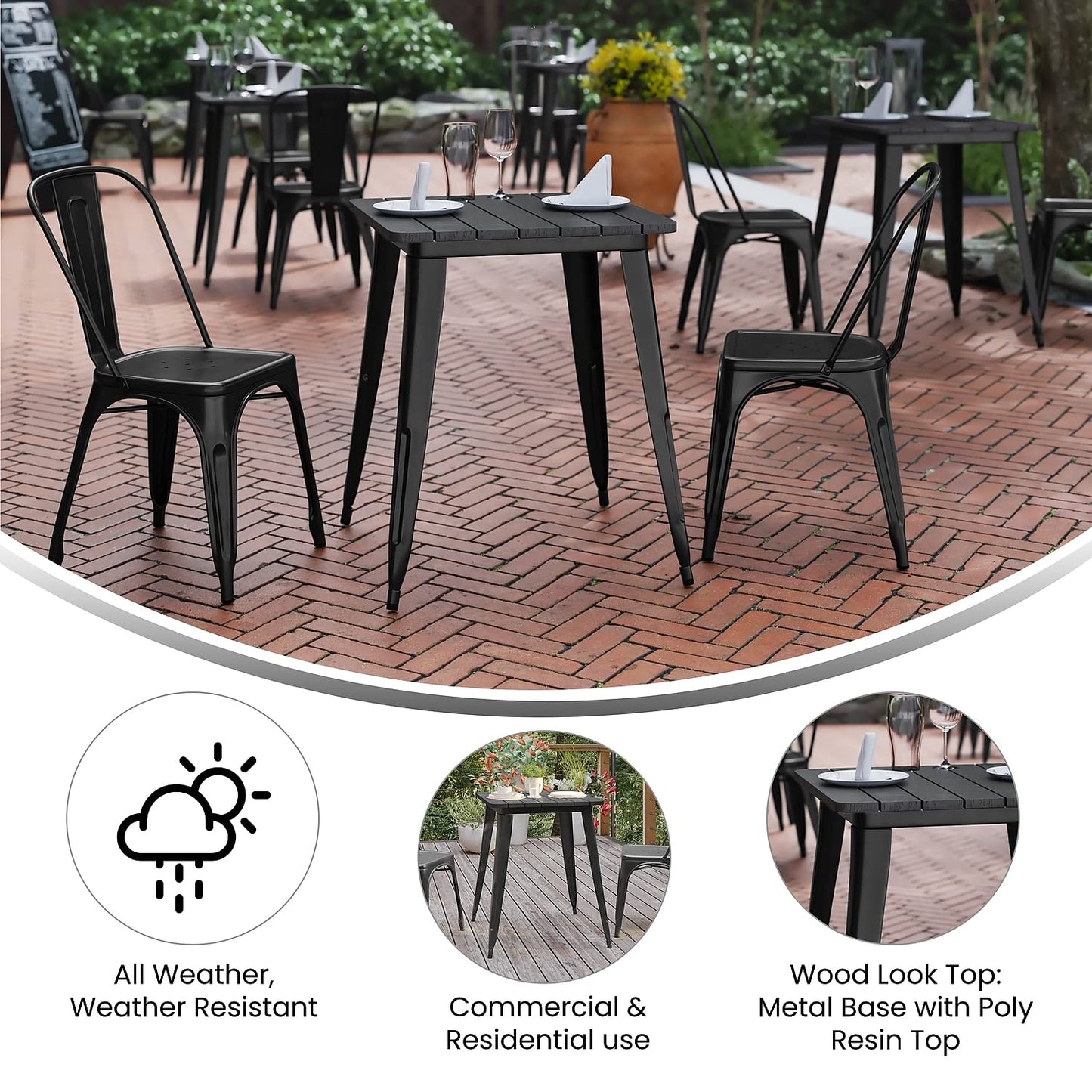 Flash Furniture Declan Commercial Outdoor Dining Table, All Weather Poly Resin Top with Steel Base, 23.75" Square, Black/Black