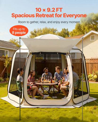 Pop Up Screen House Tent VEVOR 10 x 9.2 FT Pop-Up Screen Room with Awning, Portable Screen Tent Gazebo for 4–8 Person, Instant Screen Canopy with Carry Bag for Patio Backyard Camping