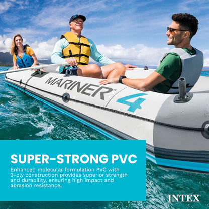 INTEX 68376EP Mariner 4 Inflatable Boat Set: Includes Deluxe 54in Boat Oars and High-Output Pump – Wear-Resistant Keel – Removable Fishing Rod Holders – 4-Person – 1100lb Weight Capacity