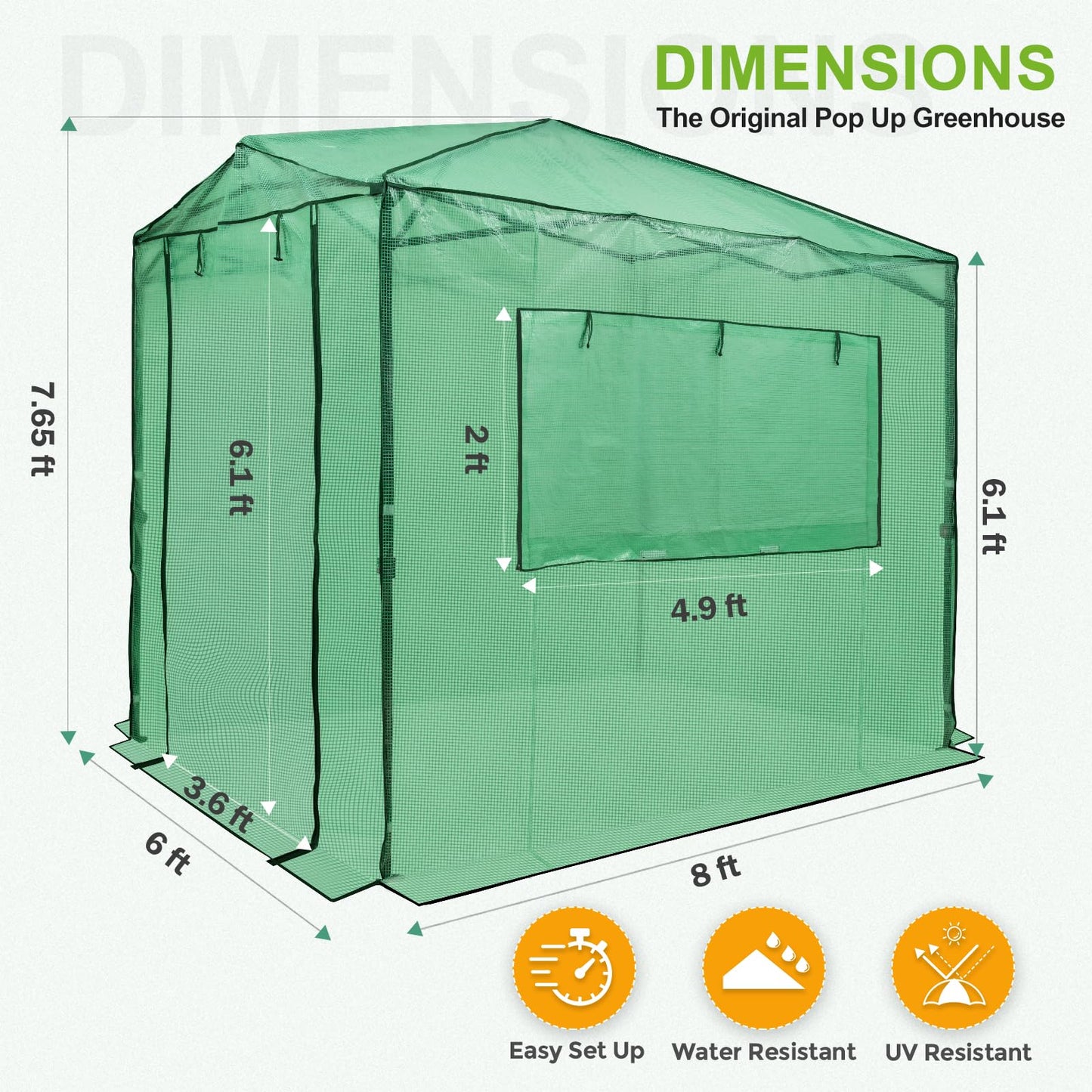 EAGLE PEAK 8x6 Portable Walk in Greenhouse, Pop Up Indoor Outdoor Greenhouse, Green House Kit with Zippered Roll-Up Doors and Windows + Mesh Lined Door, PE Cover, Clear/Green