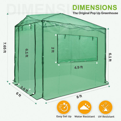 EAGLE PEAK 8x6 Portable Walk in Greenhouse, Pop Up Indoor Outdoor Greenhouse, Green House Kit with Zippered Roll-Up Doors and Windows + Mesh Lined Door, PE Cover, Clear/Green