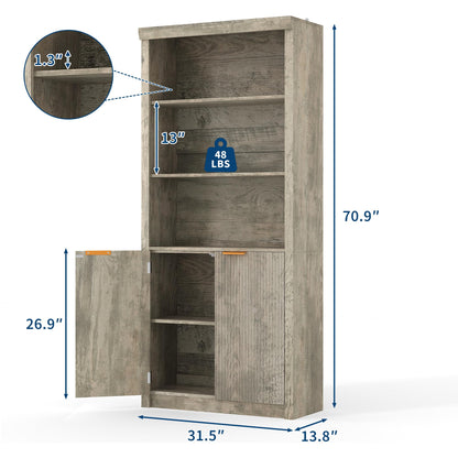 Modern Tall Book Shelf and Bookcase, 31.5"Wide Bookshelf with Doors, Farmhouse Book Case with Adjustable Top Shelf, Wood Storage Cabinet with 5 Tier Display Shelves for Home Office, Living Room,Grey