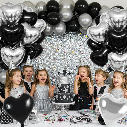 TONIFUL 30Pcs 18 Inch Black Silver Balloons Black Silver Heart Shape Foil Mylar Banners Decoration for Birthday Valentine's Day Wedding Bridal Shower Anniversary Engagement Party Supplies