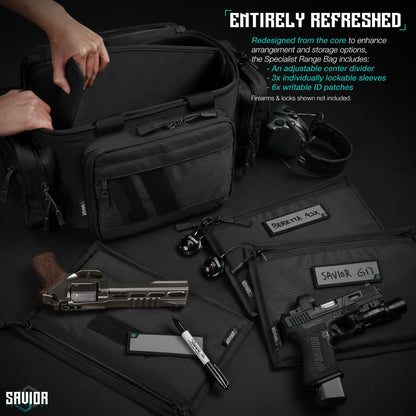 Savior Equipment Specialist Series Tactical Triple Pistol Shooting Range Hunting Duffle Bag Gun Carrying Case, Rigid Compartment Frame, Lockable Zippers (Obsidian Black, 18" x 9" x 12" Range Bag)