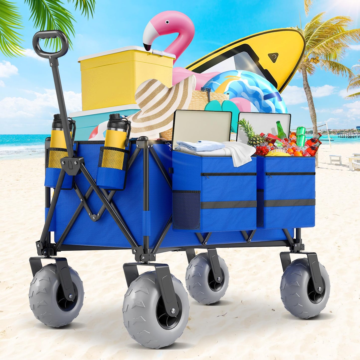 Beach Wagon with Big Wheels for Sand, 350lbs Heavy Duty Folding Wagon, Oversized 180L, 9" PVC All-Terrain Wheels, Adjustable Handle, Cooler & Storage Bags for Beach, Camping & Outdoor Sports (Blue)