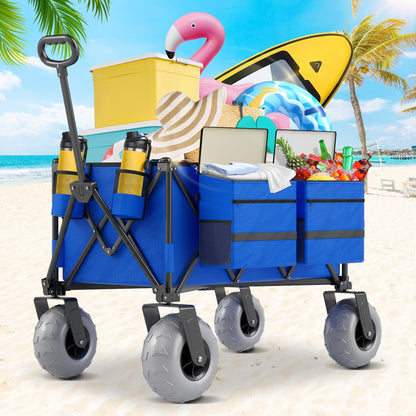 Beach Wagon with Big Wheels for Sand, 350lbs Heavy Duty Folding Wagon, Oversized 180L, 9" PVC All-Terrain Wheels, Adjustable Handle, Cooler & Storage Bags for Beach, Camping & Outdoor Sports (Blue)