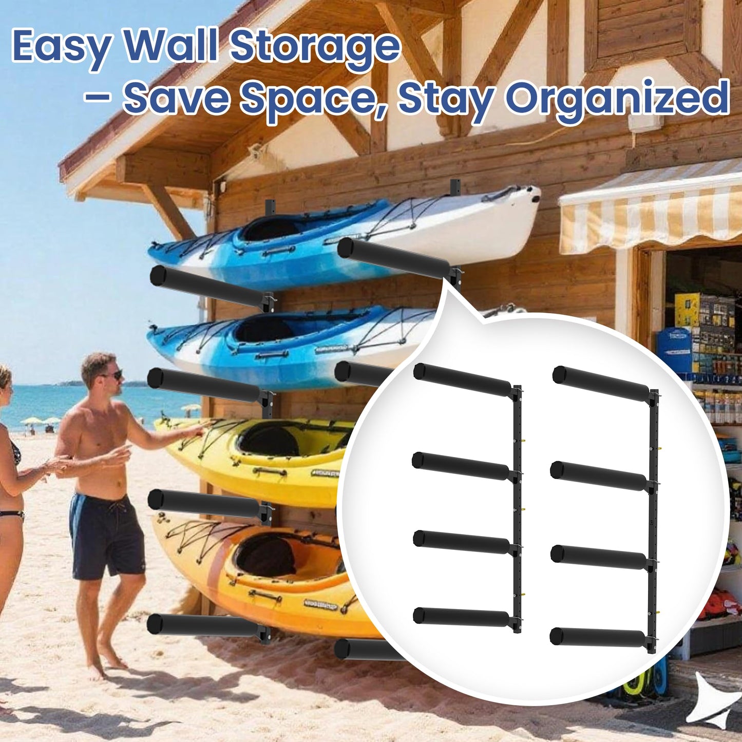 FitiRoker Heavy-Duty Kayak Wall Rack – Multi-Level Adjustable Storage for Multiple Kayaks, Rubber Sleeves, Height Customization, 200 lbs Per Level (4-Tier Rack)
