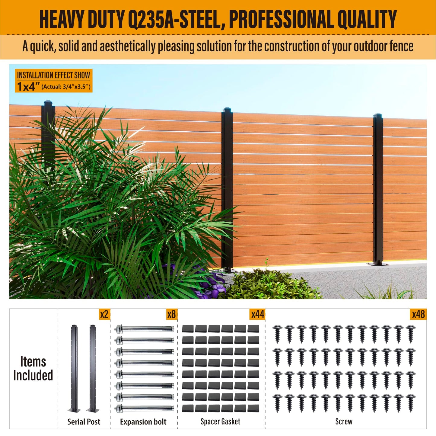 BITALS Q235A-Steel 5ft (H/58in) Heavy Duty Fence Post - Serial Post, Suitable for Outdoor Patio, Backyard and Garden Fence Post Bracket Construction (2pack-Matte Black)