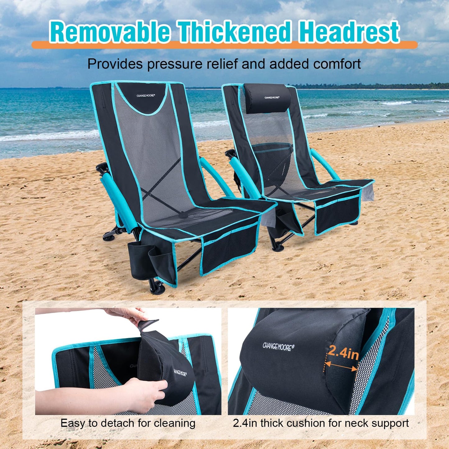 CHANGE MOORE Low Beach Chair with 2-in-1 Cooler Bag, Support up to 300lbs Folding Beach Chairs for Adults 2 Pack with Cup Holder, Removable Pillow & Carry Bag for Outdoor Sand Lawn Picnic Travel Blue