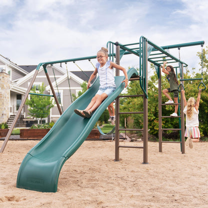 Lifetime Monkey Bar Adventure Swing Set, Outdoor Playset with Monkey Bars, 3 Swings, Trapeze Bar, Slide, Fireman’s Pole, UV‑Resistant Powder‑Coated Steel, Backyard Playground for Kids
