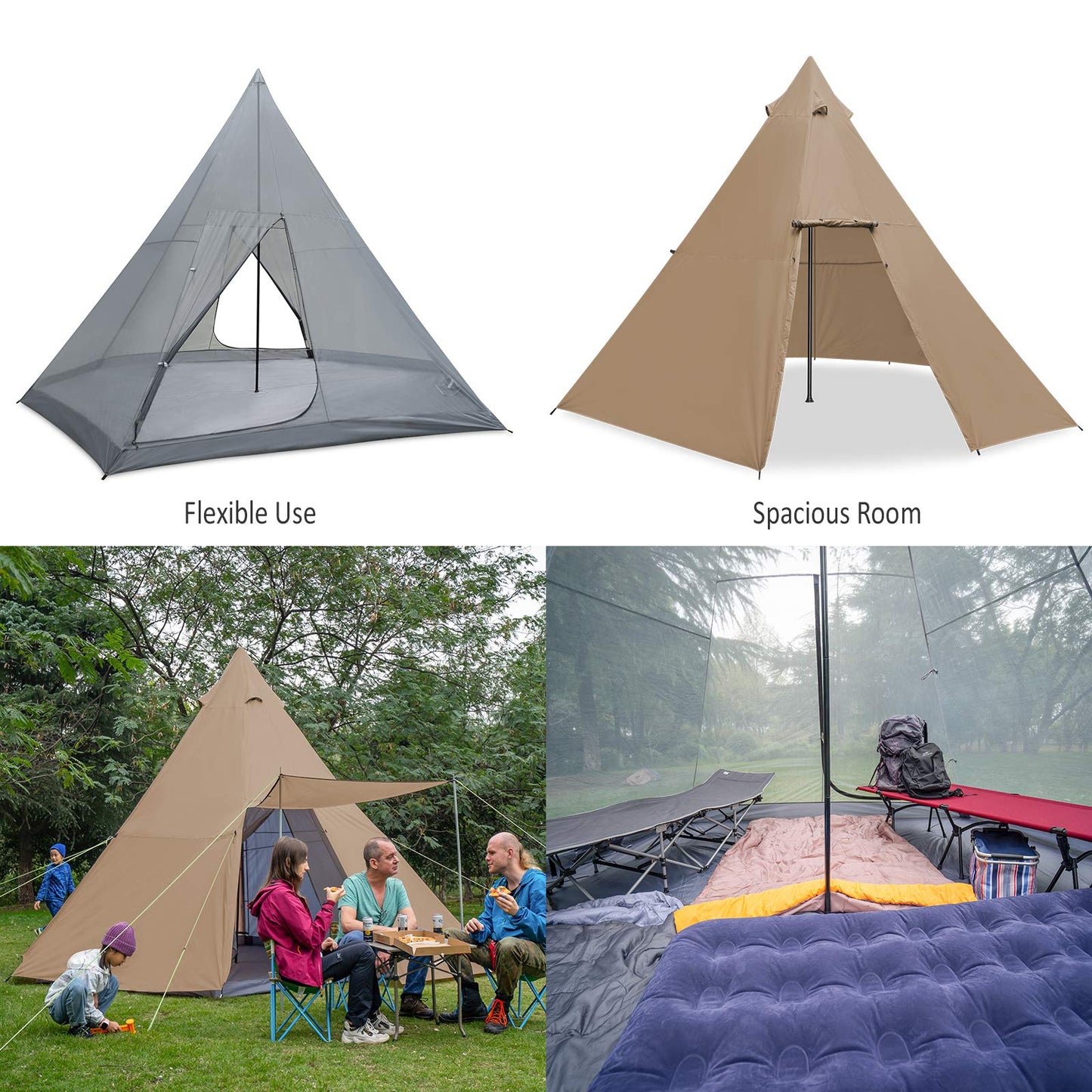 KAZOO Family Camping Tent Large Waterproof Tipi Tents 8 Person Room Teepee Tent Instant Setup Double Layer (Beige)
