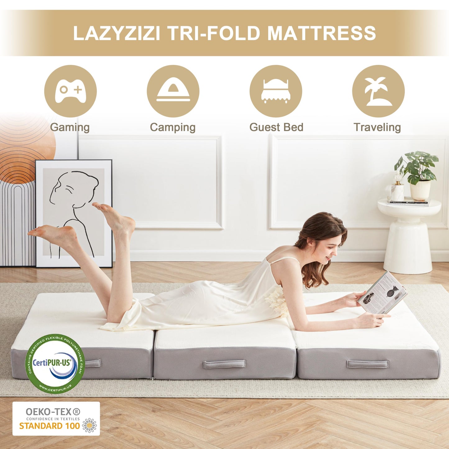 Lazyzizi Folding Mattress, 6 Inch Memory Foam Tri-fold Mattress with Breathable & Washable Bamboo Fiber Fabric Cover, Foldable Floor Guest Bed for Camping, Road Trip, Twin