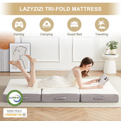 Lazyzizi Folding Mattress, 6 Inch Memory Foam Tri-fold Mattress with Breathable & Washable Bamboo Fiber Fabric Cover, Foldable Floor Guest Bed for Camping, Road Trip, TwinXL