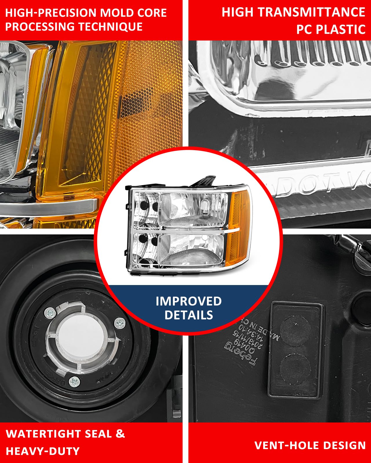 Headlight Assembly compatible with 07-13 GMC Sierra 1500/07-14 GMC Sierra 2500HD 3500HD for 2007-2014 Sierra Headlamp Chrome Housing Headlamp Replacement Driver and Passenger Sides（W/O Bulbs）