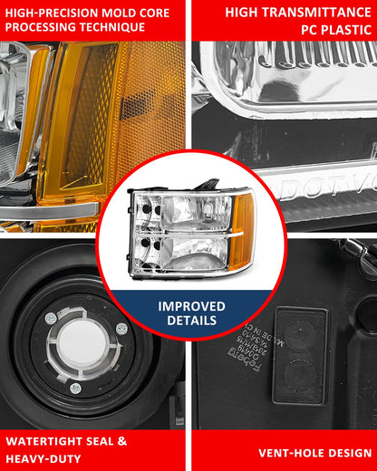Headlight Assembly compatible with 07-13 GMC Sierra 1500/07-14 GMC Sierra 2500HD 3500HD for 2007-2014 Sierra Headlamp Chrome Housing Headlamp Replacement Driver and Passenger Sides（W/O Bulbs）