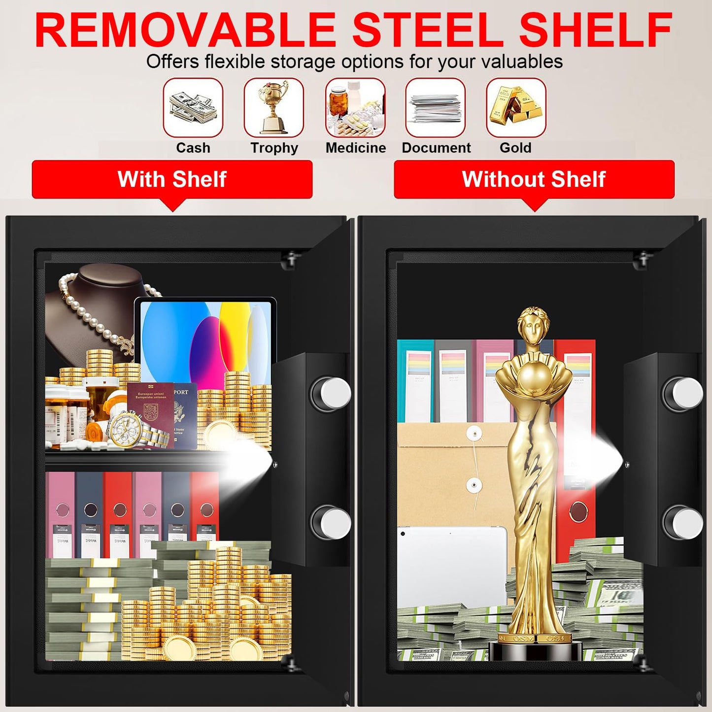 3.4 Cub Large Safes for Home Use Fire and Water Proof, Anti-Theft Digital Security Safe Box with Electronic Keypad and Key, Fire Proof Safe for Home Documents Firearm Medicine Money Valuables