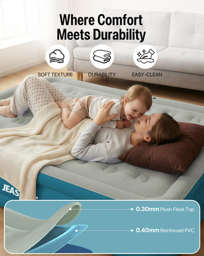 JEASONG Queen Air Mattress with Built-in Rechargeable Battery Pump & Headboard, 20 Inch Elevated Airbed Blow Up Mattress, 700 lbs Inflatable Mattress, Portable Air Bed Blow Up Bed for Home & Camping