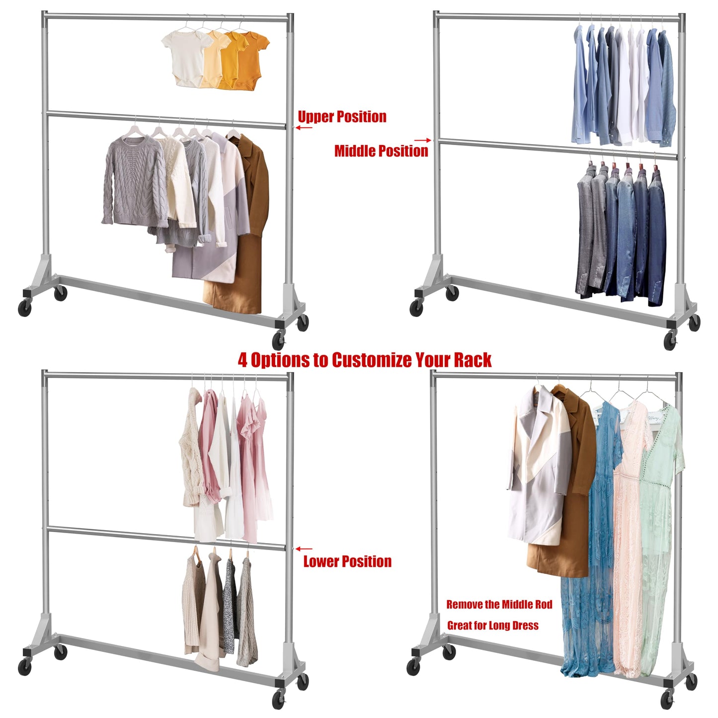 Simple Houseware Commercial Grade Z-Base Double Rod Garment Rack, 600lb Load, 63 inch, Silver