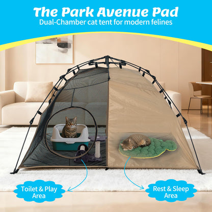 Pop-Up Cat Tent with Pet Bed and 2 Tunnels - Dual Room Kitty Hideaway for Playing & Napping, Scratch-Resistant Mesh, Detachable DIY Interactive Cat Play Set, Portable Indoor Outdoor Cat Cave