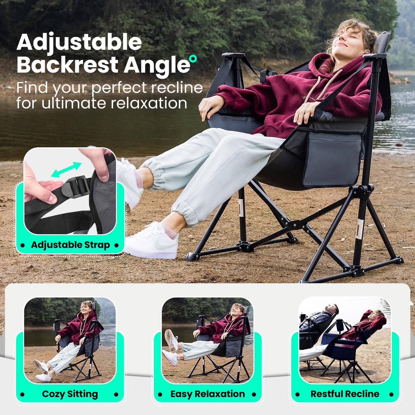 OuterSpa Hammock Camping Chair for Adults with Adjustable Backrest, Heavy Duty Padded Folding Hammock Chair Supports 400lbs, Portable Hammock Chair Swinging Chair for Camping, Travelling and Patio