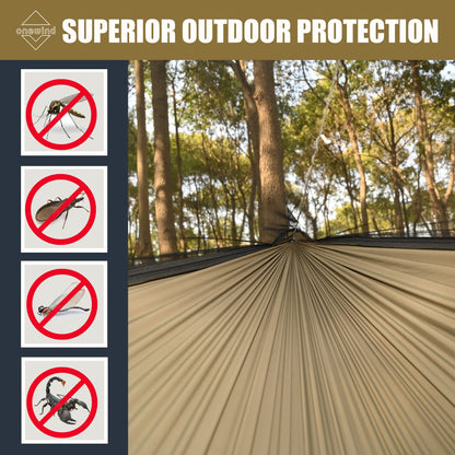 Onewind 12Ft Camping Hammock with Mosquito Net and Structure Ridgeline, Lightweight Portable Double Hammock with 12ft Tree Straps and Bugnet, Ideal for Wild Camping, Hiking, Backpacking, OD Green