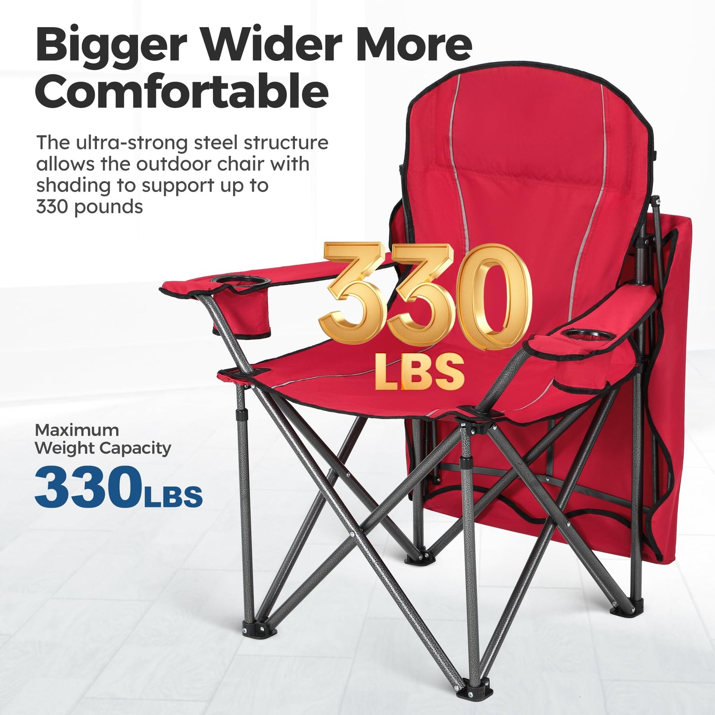 ALPHA CAMP Heavy Duty Canopy Camping Chair, 350 lbs Capacity Oversized Folding Chair with Adjustable Sunshade, Portable Sunshade Chair with Cup Holder for Beach, Fishing, Outdoor,2PC,Red