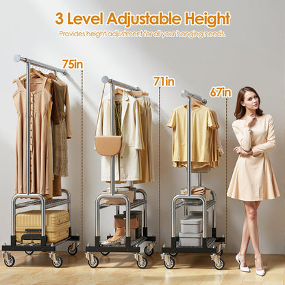 Luxspire Heavy Duty Clothes Rack, Clothing Rack Load 600 LBS, Rolling Clothes Racks for Hanging Clothes with Sturdy Wheels & 2 Tier Shelves, Adjustable Garment Rack for Bedroom, Laundry Room, Silver